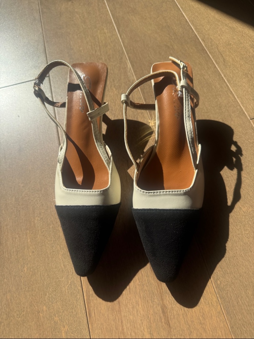 Two-Tone Black and Cream Pointed Slingback Heels